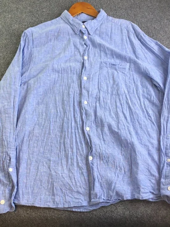 H&M Shirt Mens Extra Large Blue Linen Blend Long Sleeve Button Chambray - Picture 3 of 9